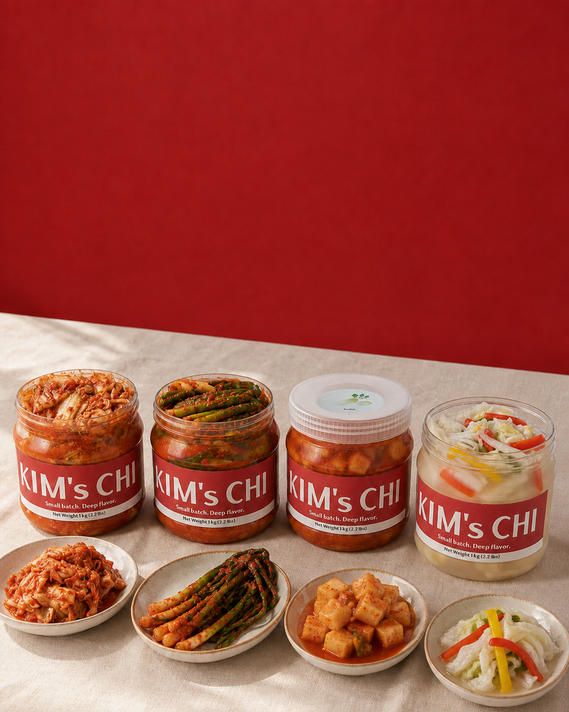 Four varieties of Kim's Chi with serving plates