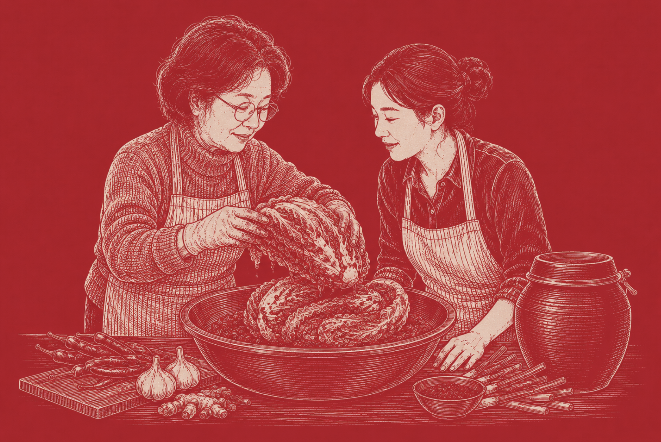 A mother-in-law teaching her daughter-in-law to make kimchi